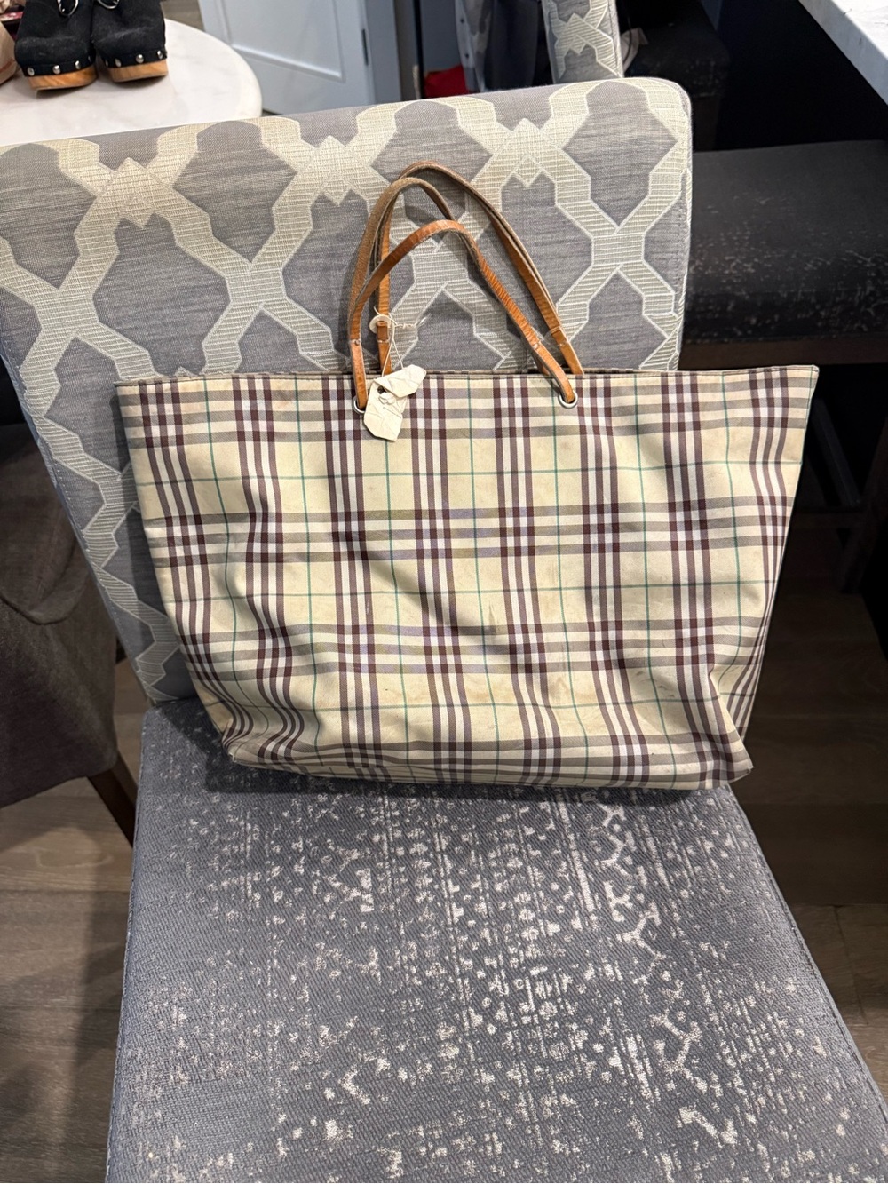 Burberry Beige Plaid Tote with Brown Leather Handles